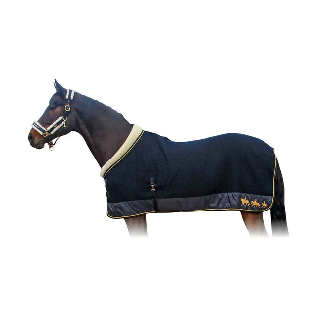 Black horse blanket royal occasion rug with luxurious faux sheepskin cream fleece lining and gold trim design