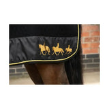 Black horse blanket royal occasion rug with gold horse rider embroidery and yellow stitched border, luxurious faux sheepskin collar