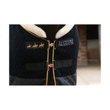 Black quilted royal occasion rug with luxurious faux sheepskin collar and gold-toned metal buckles