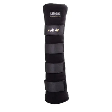 Black supreme products royal padded tail guard with adjustable straps soft fleece fabric and gold foil rider silhouettes