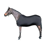 Black stretchy horse blanket with snug fit and adjustable straps from supreme products rug wrap line