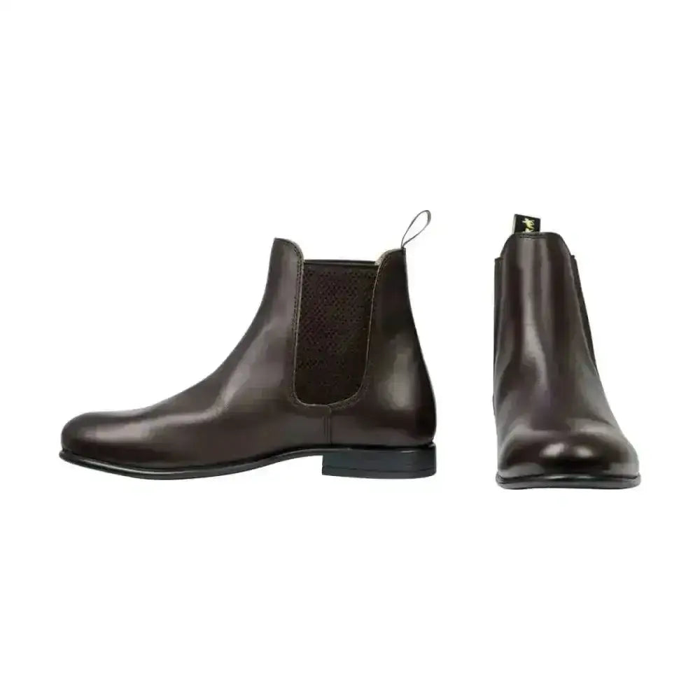Dark brown leather supreme products show ring jodhpur boots with elastic sides and low block heel perfect short riding shoes