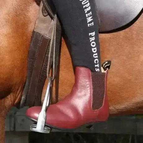 Red leather ring jodhpur boots with elastic side panels perfect for short riding in oxblood showing boot style