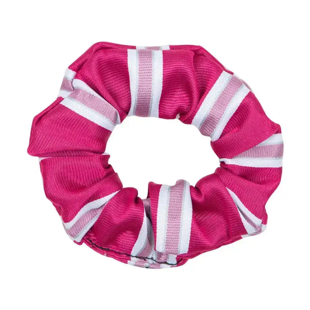 A vibrant pink and white striped ribbed fabric scrunchie by supreme products perfect for hair scrunchies or final touch ring attire