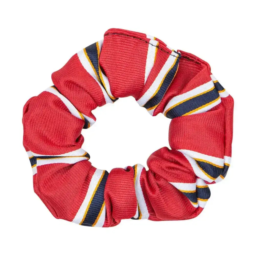 Red scrunchie with white navy blue and gold stripes from supreme products adds the final touch to ring attire