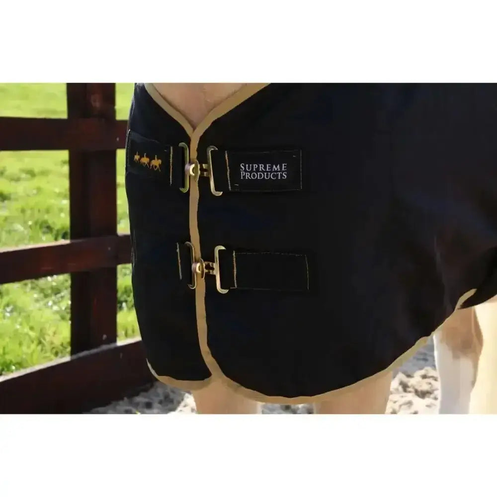 Black supreme products horse blanket with gold trim and metallic buckles perfect for sheet perfect fleece rugs use