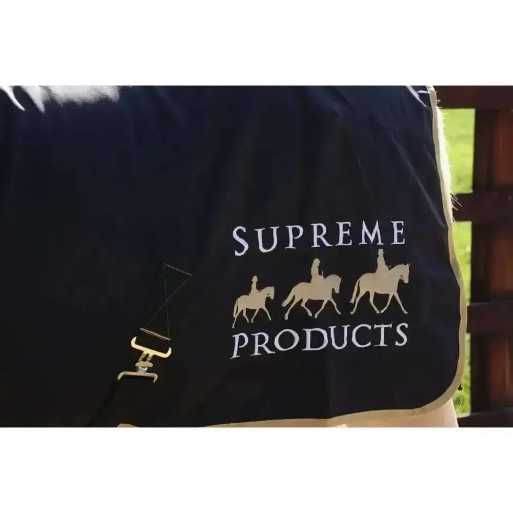 Black supreme products show sheet horse blanket with gold white embroidered logo perfect for fleece rugs and sheet perfect use