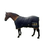 Navy blue fleece horse blanket with gold trim and supreme products branding sheet perfect for warmth and protection