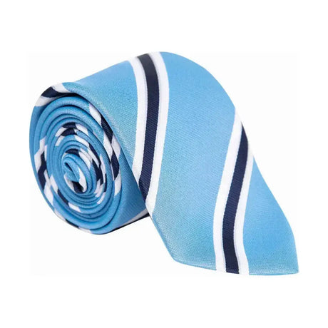 A light blue supreme products show tie with navy and white stripes made from smooth woven fabric perfect as a finishing touch