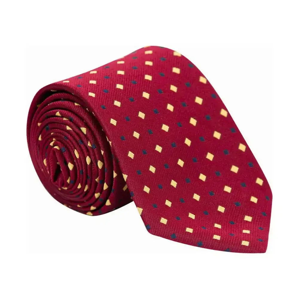 A rolled burgundy silk supreme products show tie with gold and dark blue diamonds perfect as a finishing touch for ring attire