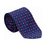 Navy blue silk supreme products show tie with pink and white diamond dots perfect as a finishing touch for ring attire