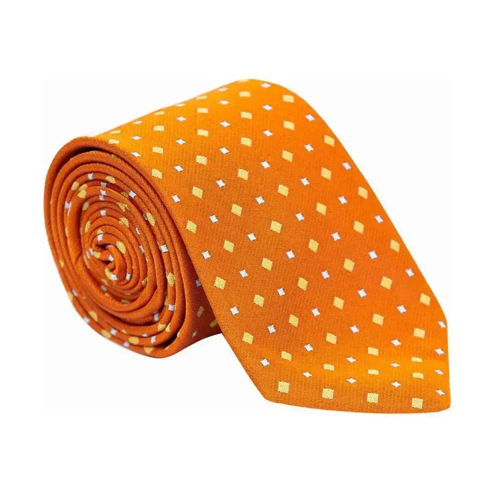 A vibrant orange silk supreme products show tie with subtle yellow and white diamonds adds the perfect finishing touch for ring attire