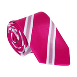 A vibrant fuchsia silk supreme products show tie with bold white and light pink stripes perfect finishing touch for ring attire
