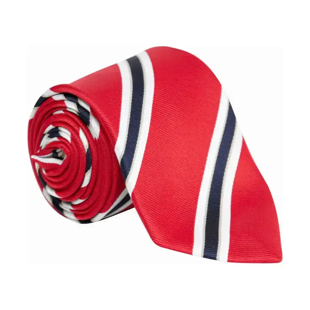 Red tie with bold white and navy blue diagonal stripes in smooth silk-like fabric perfect as a finishing touch for ring attire