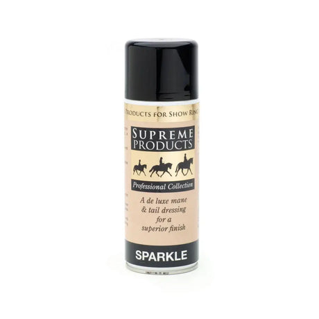 Black spray can with gold and black supreme products labeling for supreme products sparkle luxury mane and tail dressing