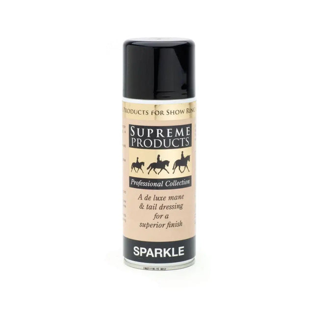 Black spray can with gold and black supreme products labeling for supreme products sparkle luxury mane and tail dressing