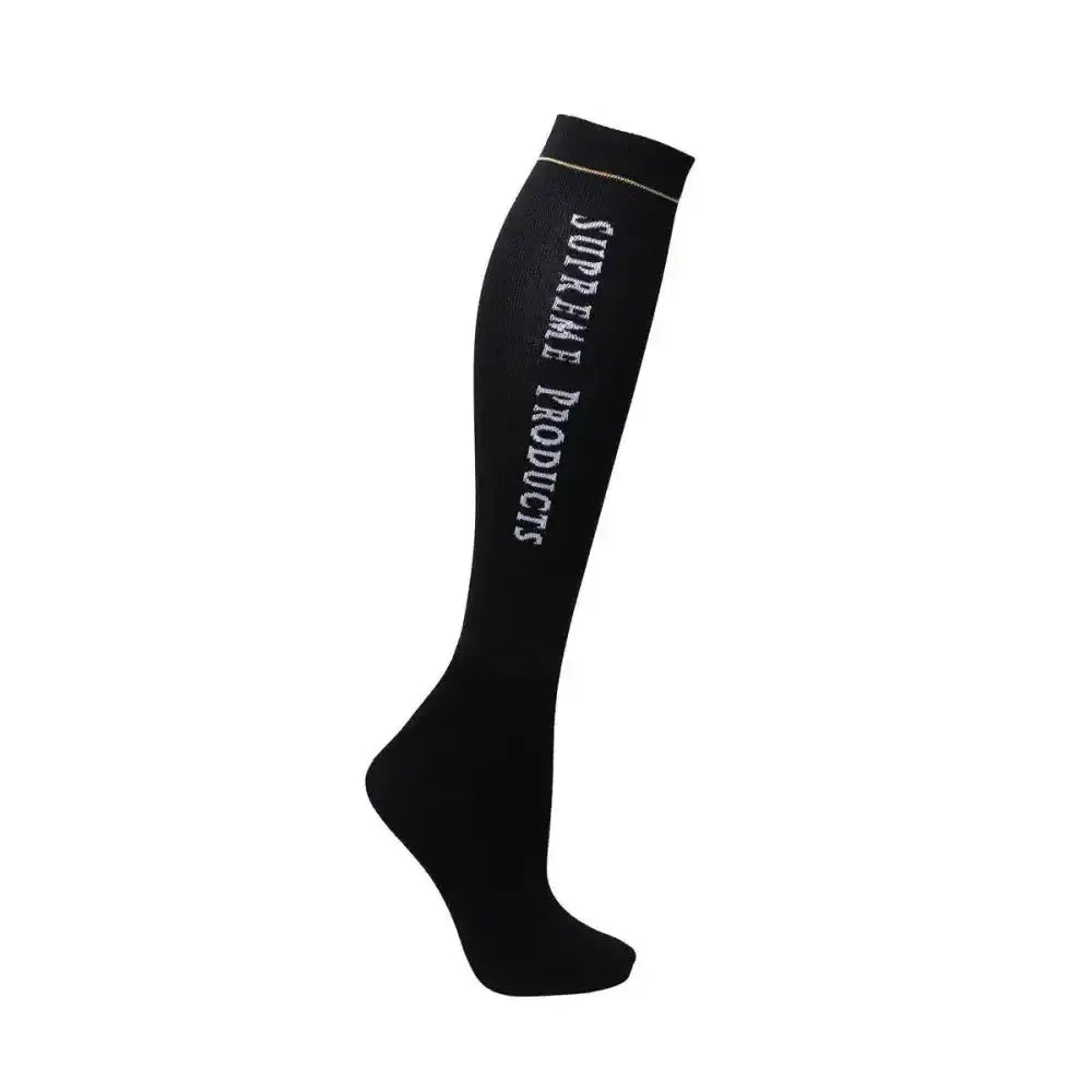 Black knee-high supreme products socks with white embroidery perfect for riding attire and socks complete looks
