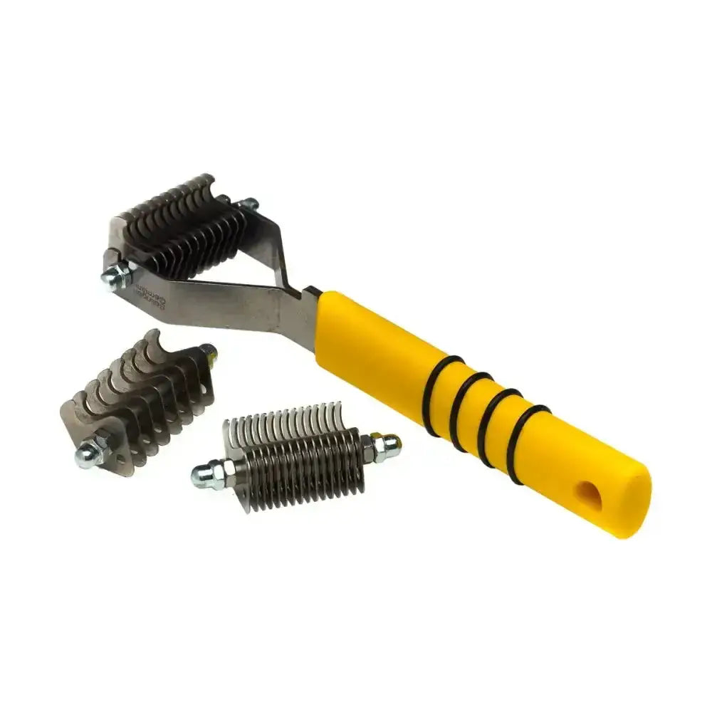 Yellow-handled supreme products thinning comb with interchangeable metal combs for effective thinning and pulling tails humanely