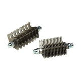Two silver-toned supreme products thinning comb replacement blades with curved metal teeth for pulling tails humanely