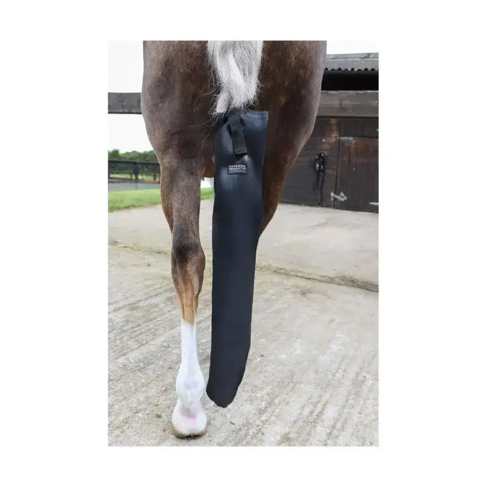 Black waterproof leg wrap for horses from supreme products waterproof tail bag, an equine wardrobe essential