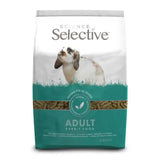 A teal and white bag of supreme science select adult rabbit food featuring a rabbit and high fibre diet benefits