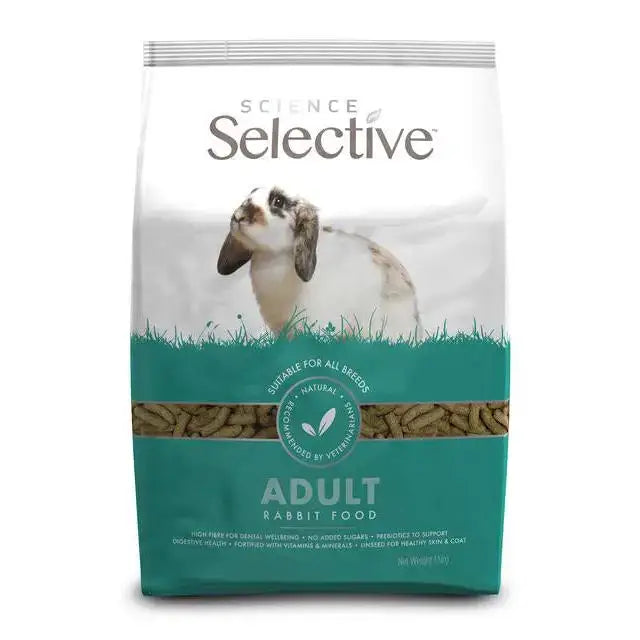 A teal and white bag of supreme science select adult rabbit food featuring a rabbit and high fibre diet benefits