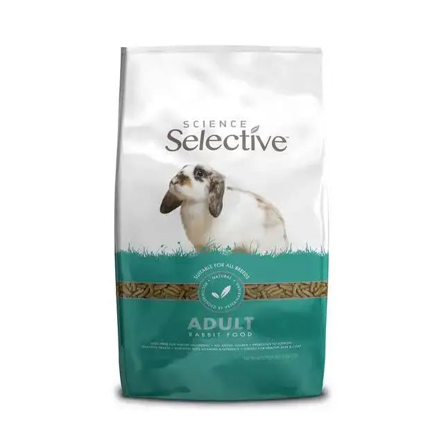 Supreme science select rabbit food bag in white and teal with a rabbit image promoting a high fibre diet