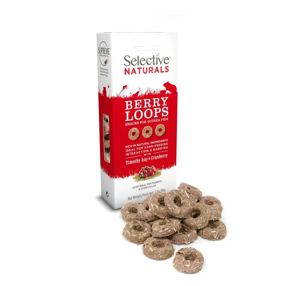 Red and white box of supreme selective natural berry loops 4x80g guinea pig snack with timothy hay and cranberry