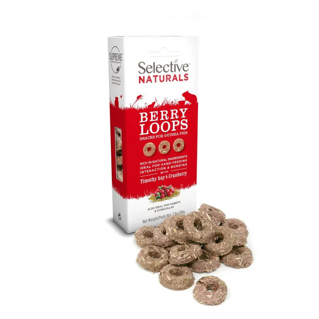 Red and white box of supreme selective natural berry loops 4x80g guinea pig snack with timothy hay and cranberry