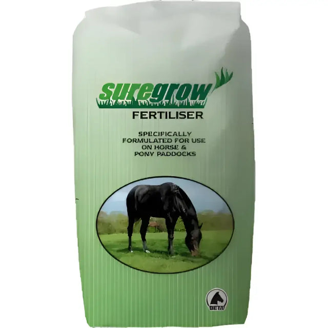 Green suregrow fertiliser bag with black horse in oval illustration for lush grass growth in horse paddocks