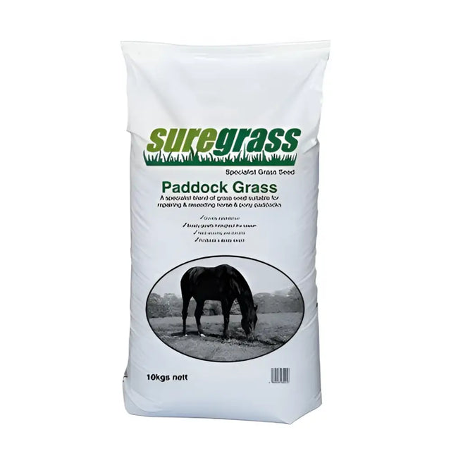 White bag of suregrow paddock grass seed mix 10kg nett with black and white horse image for meadow grass pasture