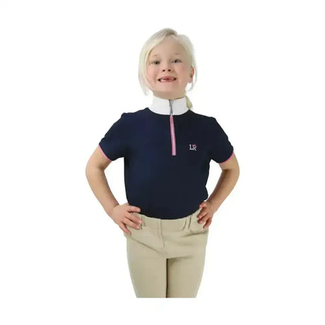 Navy blue short-sleeved Susan show shirt with white collar pink zipper trim and embroidered lr ideal for pony loving princesses