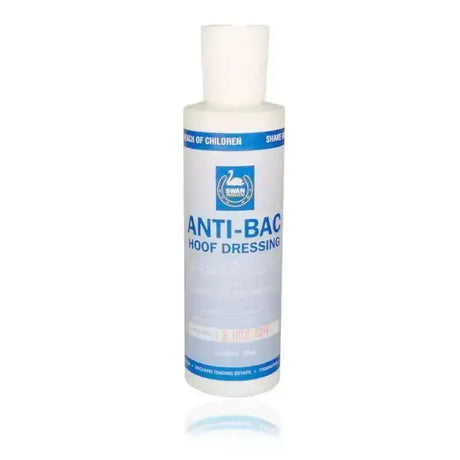White plastic bottle of swan brand anti bac hoof treatment with blue label and white cap for seedy toe care