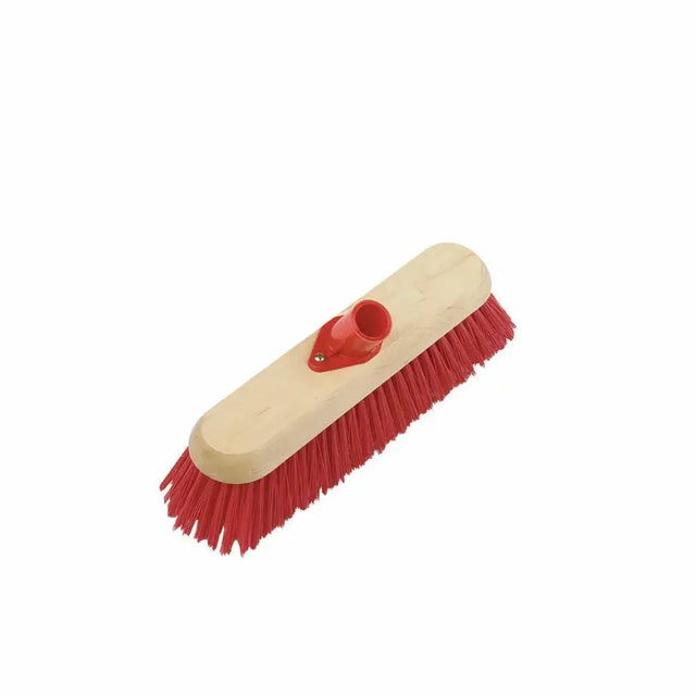 Red-bristled 281mm sweeping broom head with socket finest stiff bristles and light wood handle for tough cleaning tasks
