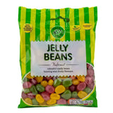A vibrant green and yellow striped bag of sweet heaven sweets jelly beans bursting with colorful fruity flavors