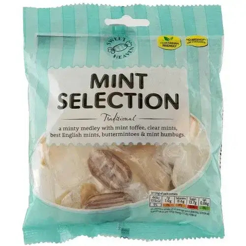 A teal and white striped sweet heaven sweets mint selection package with a clear window showing mint candies inside
