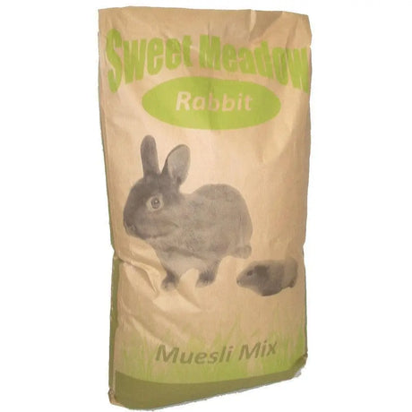 Brown paper bag of sweet meadow rabbit muesli mix featuring a gray rabbit and smaller rodent illustration
