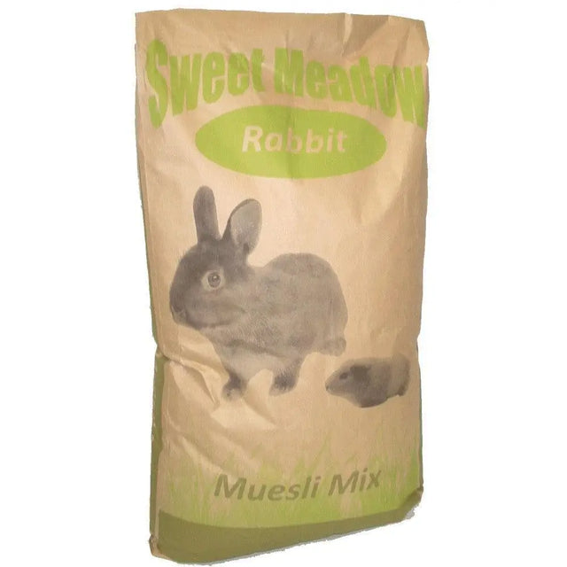 Brown paper bag of sweet meadow rabbit muesli mix featuring a gray rabbit and smaller rodent illustration