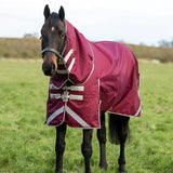 Maroon swish 0g detachable neck turnout rug with reflective strips and silver buckles perfect for outdoor use