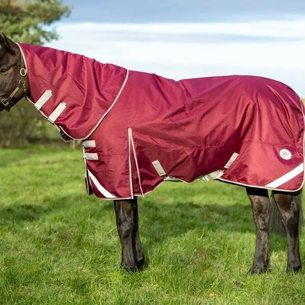 Maroon swish 0g detachable neck turnout rug with reflective strips and small circular logo on the side
