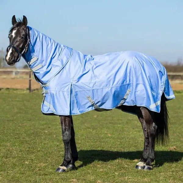 Light blue waterproof swish 0g detachable neck turnout rug with reflective strips and double locking adjustable straps