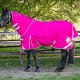 Bright pink swish 0g detachable neck turnout rug with velcro fastenings 1200d outer and reflective strips on side