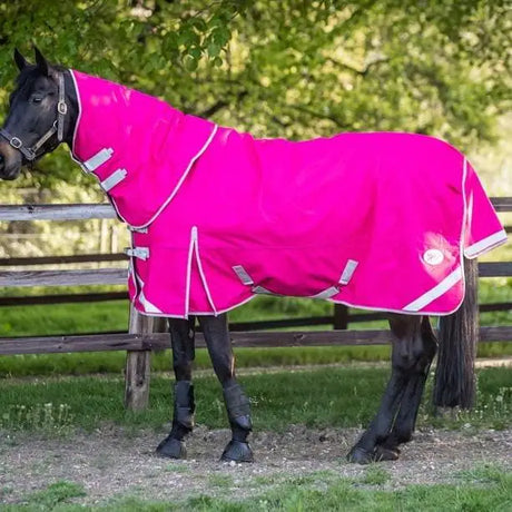 Bright pink swish 0g detachable neck turnout rug with velcro fastenings 1200d outer and reflective strips on side