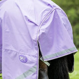 Lavender horse fly mask with reflective strips, circular logo, paired with swish 0g detachable neck turnout rug violet