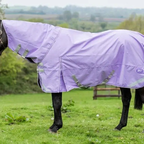 A violet swish 0g neck turnout rug with reflective strips silver buckles and detachable neck cover for horses