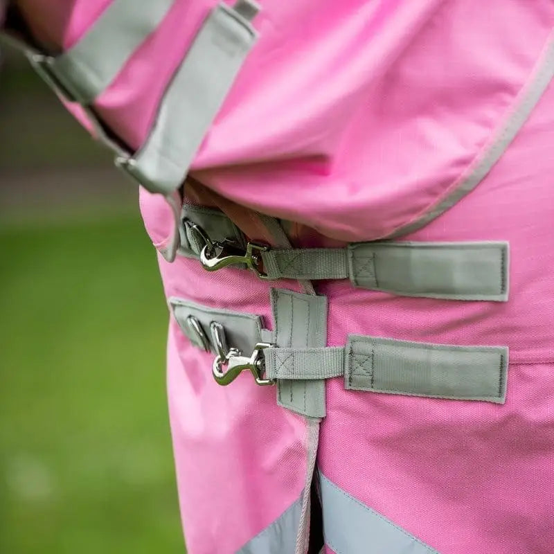 Pink horse blanket with gray straps and metal buckles featuring a detachable neck cover and 1200d outer liner attachments