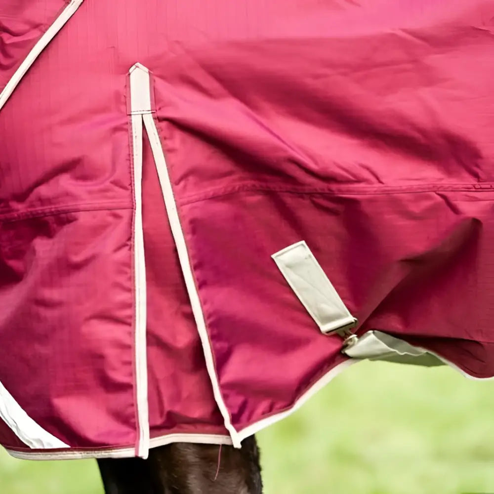 Swish 100g detachable neck turnout rug in vibrant magenta with reflective silver buckles and white trim, tail flap included