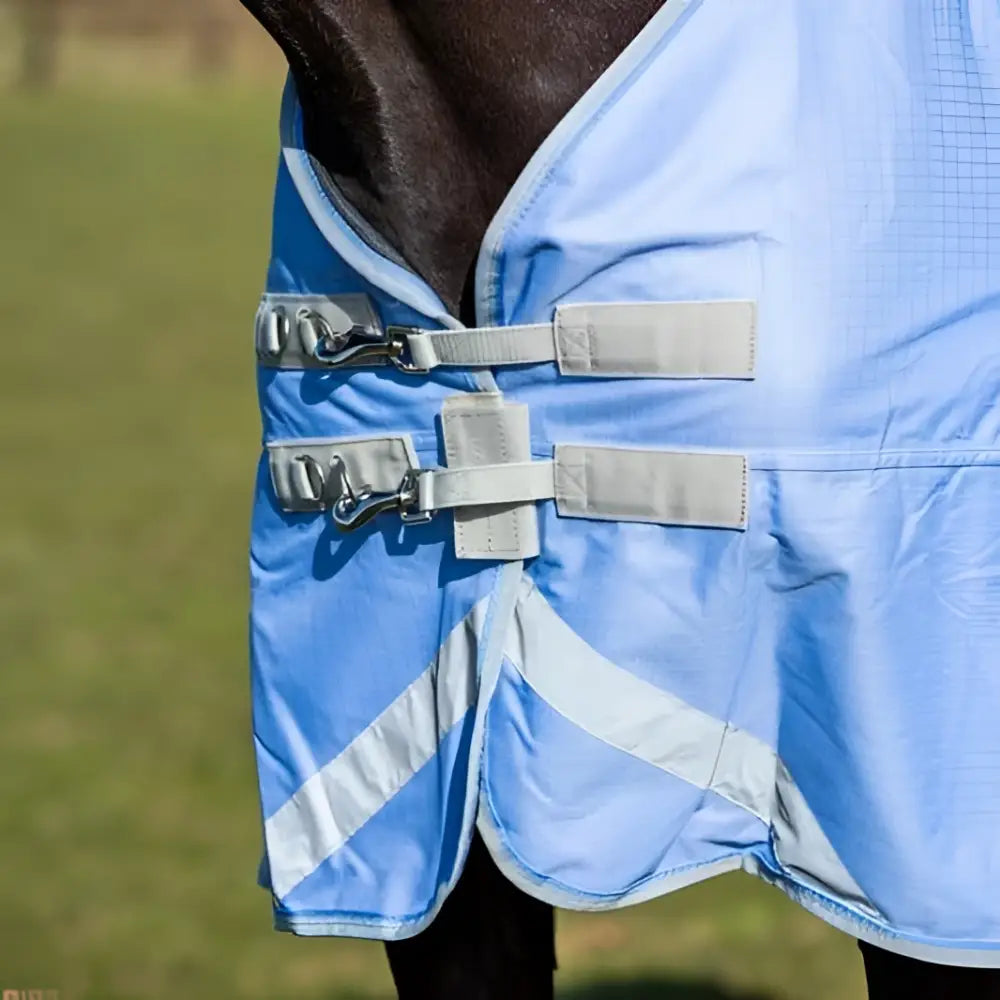 Light blue swish 100g detachable neck turnout rug with reflective strips gray adjustable liner attachments and 1200d outer