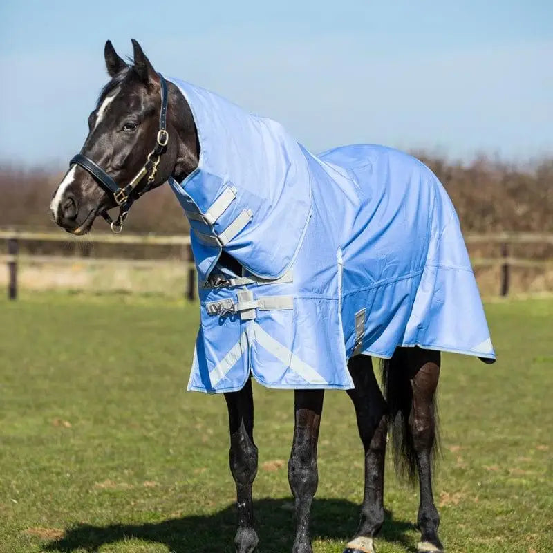 Light blue swish 100g detachable neck turnout rug with 1200d outer reflective strips and liner attachments