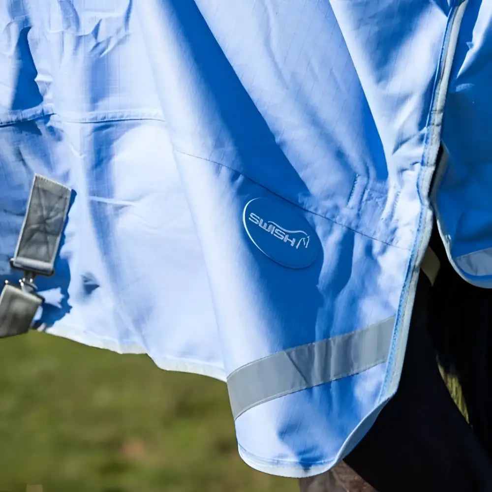 Light blue swish 100g detachable neck turnout rug with 1200d outer, reflective strips, and liner attachments